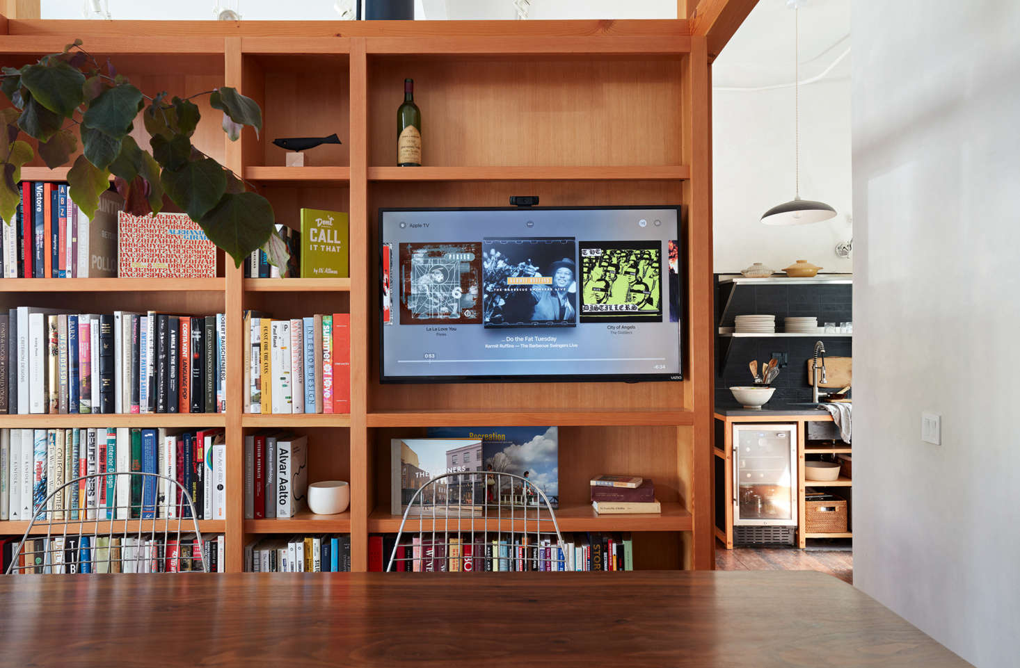 Douglas fir was used throughout the office, which, in addition to the kitchenette, includes an office work area and a conference and research space. 