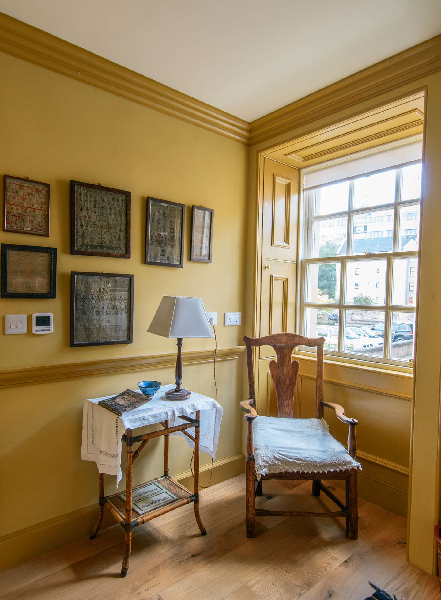 The guesthouse is minimally decorated with antique finds.