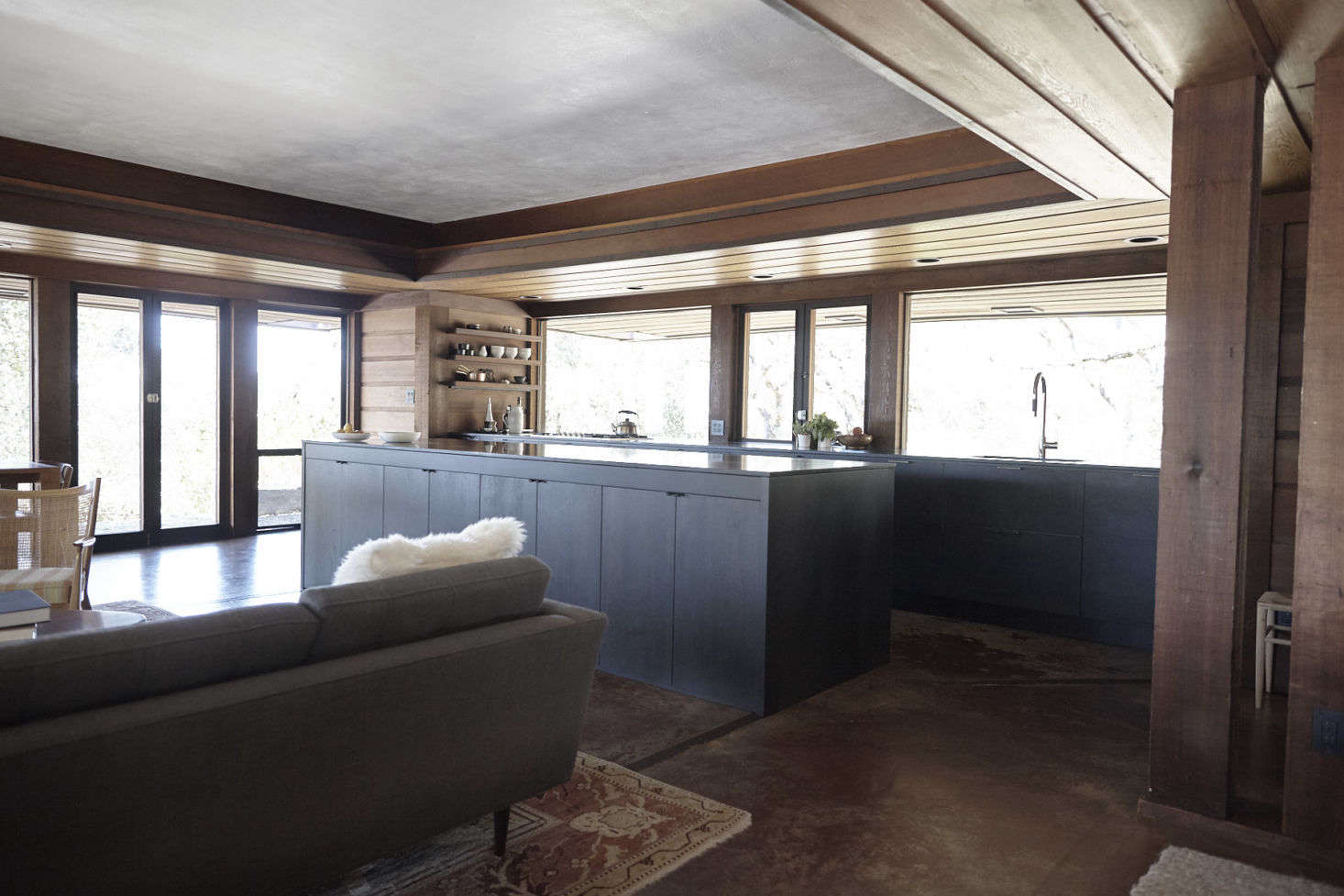 A view of the open-plan living space toward the new kitchen.
