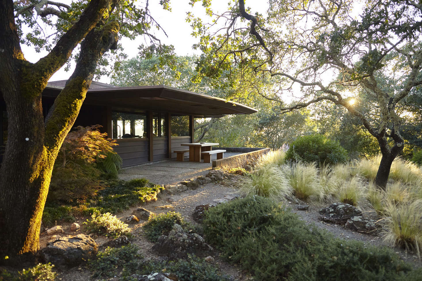 The house is designed for indoor outdoor living. The Kayu Teak Dining Table and Benches are from DWR.