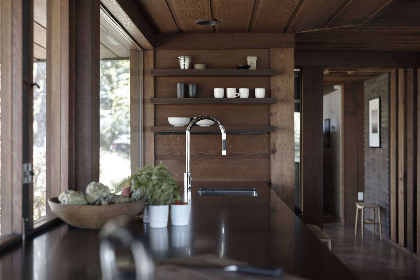 The counters are honed black granite, a material that resembles slate but is almost indestructible. The kitchen faucet is a Tara Ultra Pull-Down Spray Faucet from Dornbracht, and the sink is a ProChef stainless model.