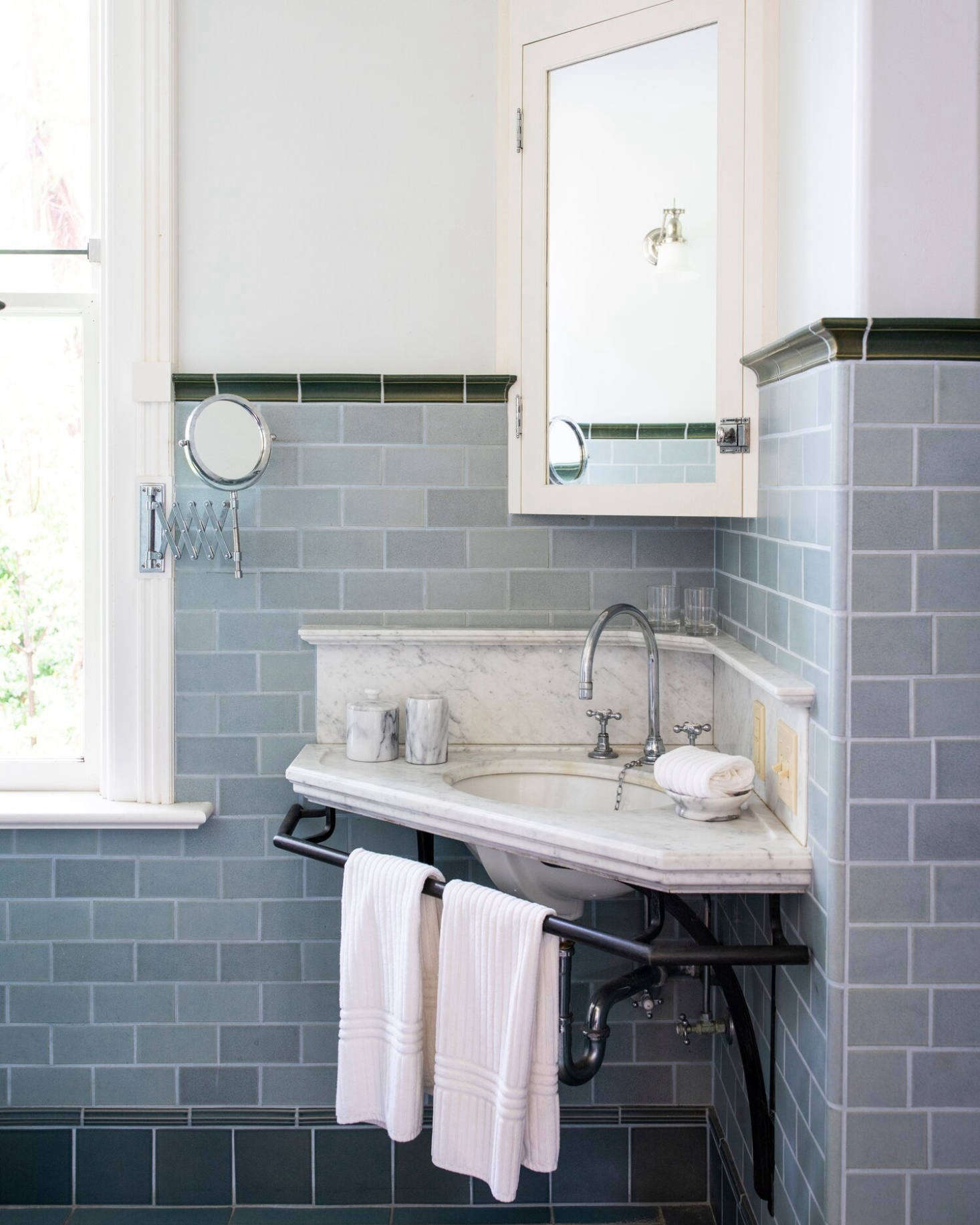 A corner sink in the master suite
