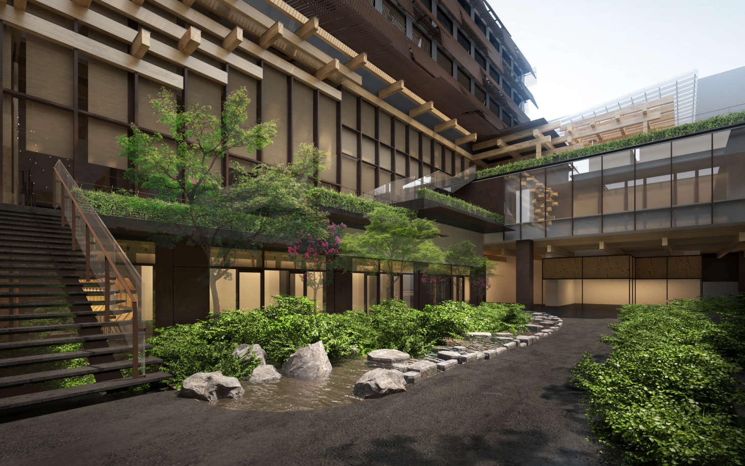 A rendering of the exterior of the hotel, which incorporates the former Kyoto Central Telephone Company, built by architect Tetsuro Yoshida in the s.