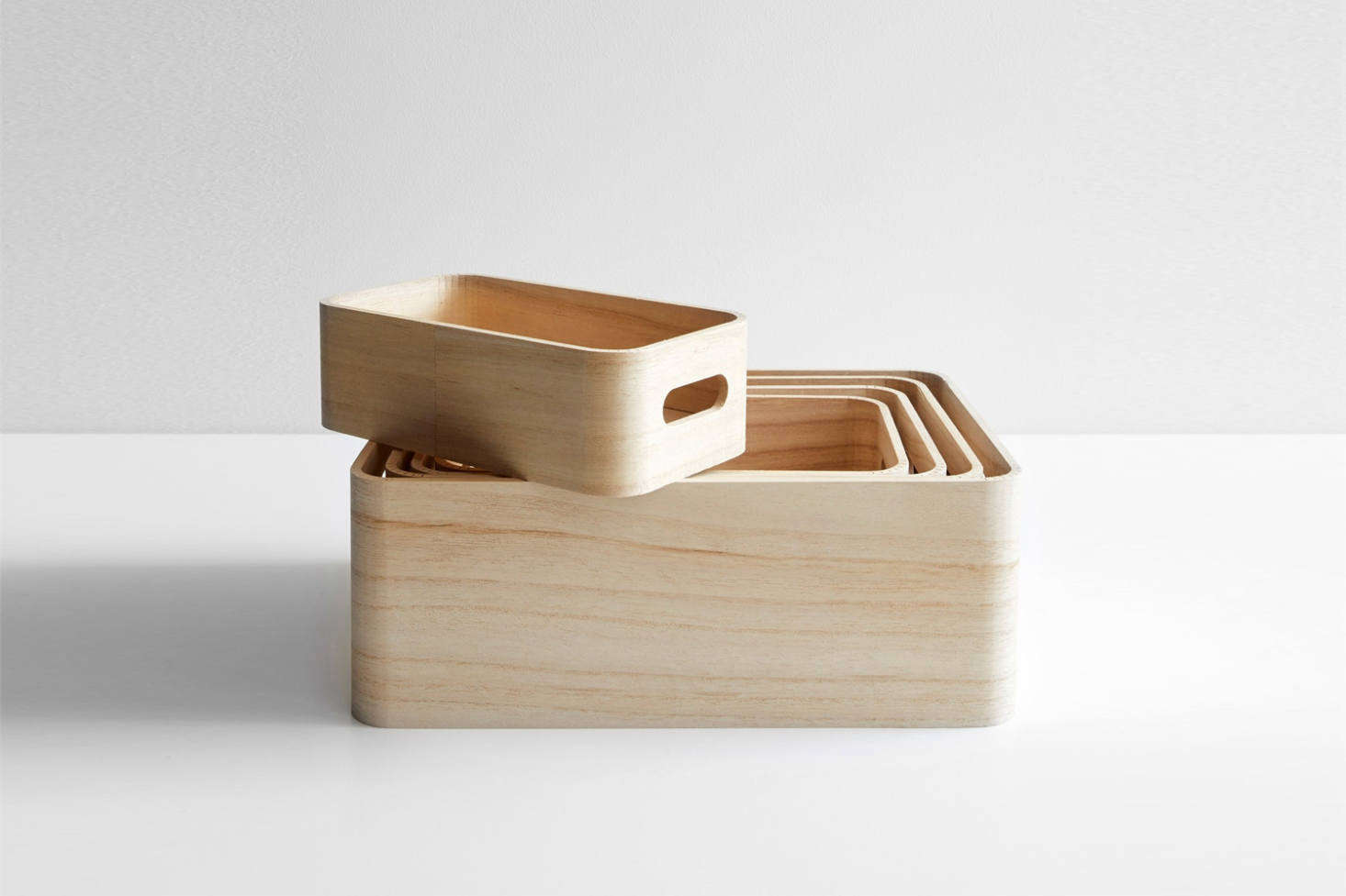 The Save-It Storage Box Set of 5 from Rig-Tig is made of unfinished Paulownia wood for $54.95 at Unison Home.