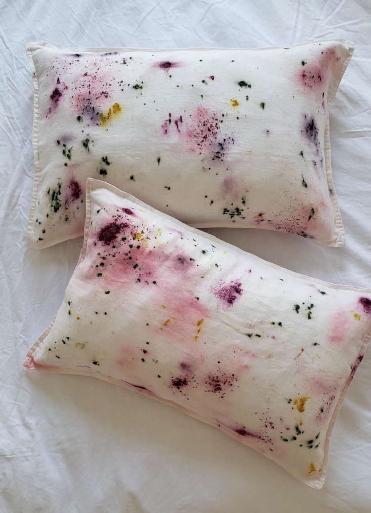 these bundle dyed linen throw pillows, featuring down inserts, were hand dyed w 19