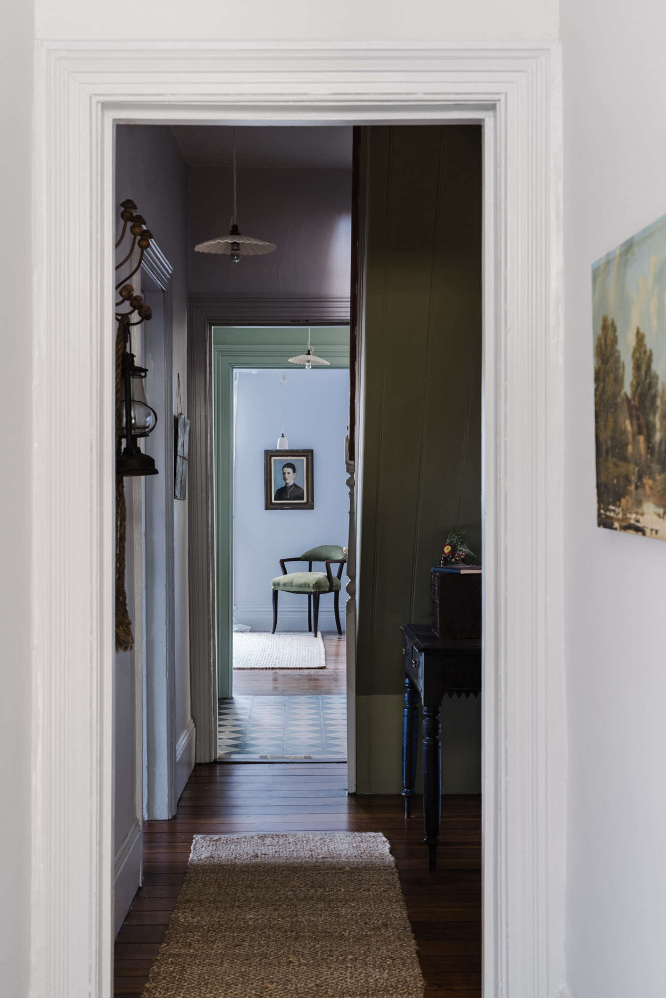 A hallway, done over in a soft palette.