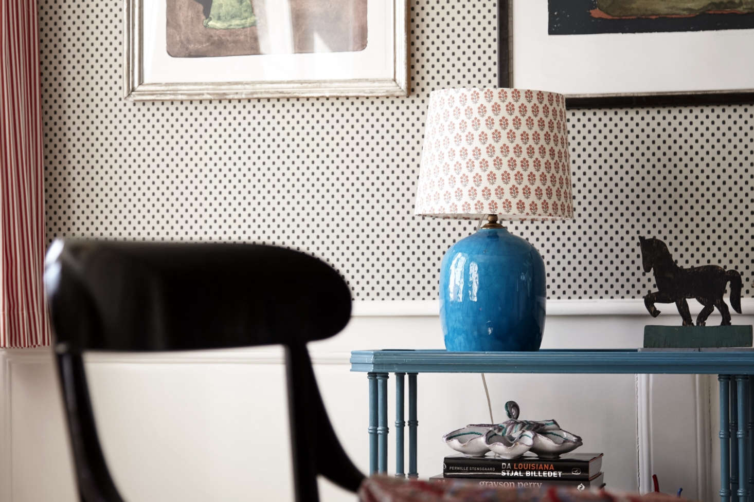 Old-fashioned table lamps with printed fabric shades are another Tina specialty: see Trend Alert: The Return of the Artfully Patterned Lampshade. The horse is part of an Americana whirligig.