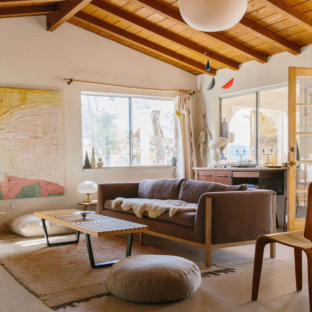 The home (like their store and gallery) features a mix of vintage mid-century Danish finds, Moroccan touches, California-made ceramics, and contemporary art. The two travel once a year to Morocco to source vintage rugs, baskets, and objects.
