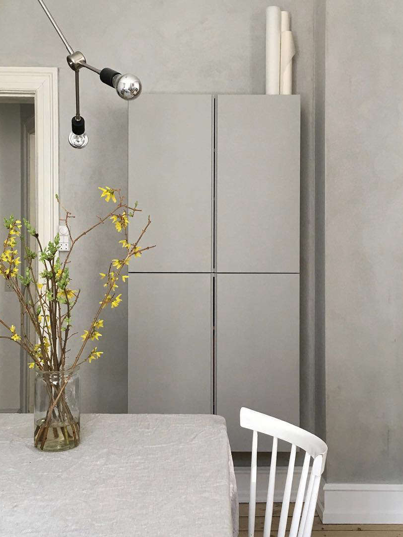 ikea\2\17;s ivar cabinets, wall mounted, in the dining room. \2\2 21