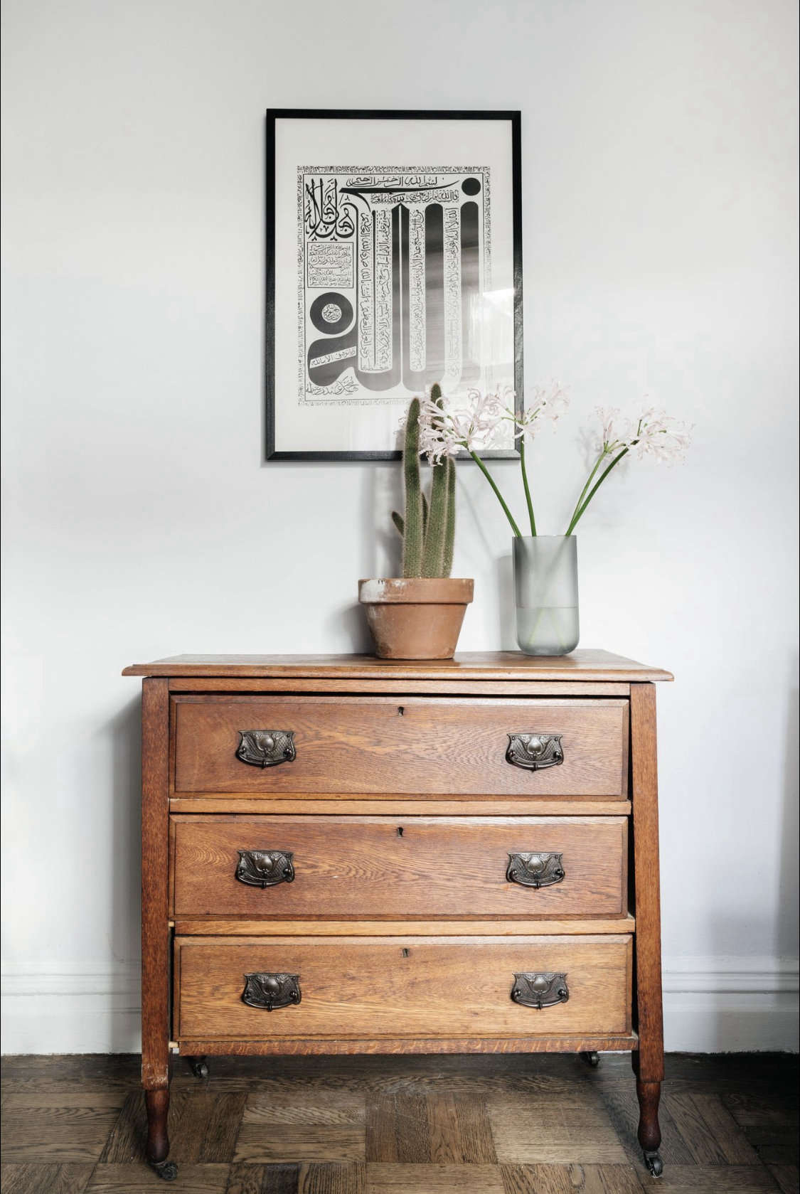 A quiet, artful corner. The parquet floors are original to the apartment. 