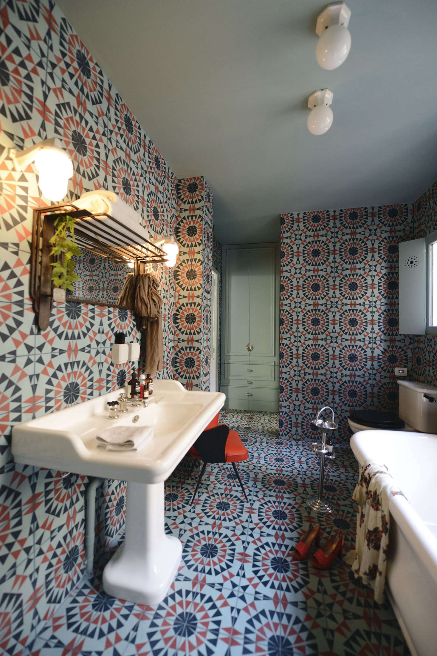 The cement tiles are in a pattern called Zocalo. Of the decision to tile not only the floor but the walls, Linde says the clients insisted: 