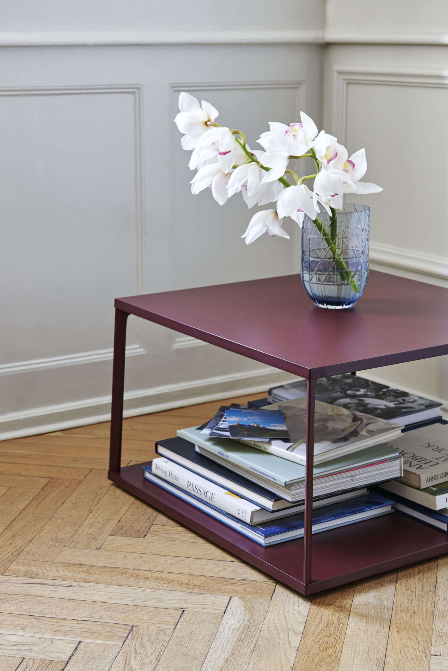 We like the rich berry hue of the Eiffel Square Coffee Table ($495), made of cast aluminum frame and powder-coated MDF. (This colorway is called dark brick.)