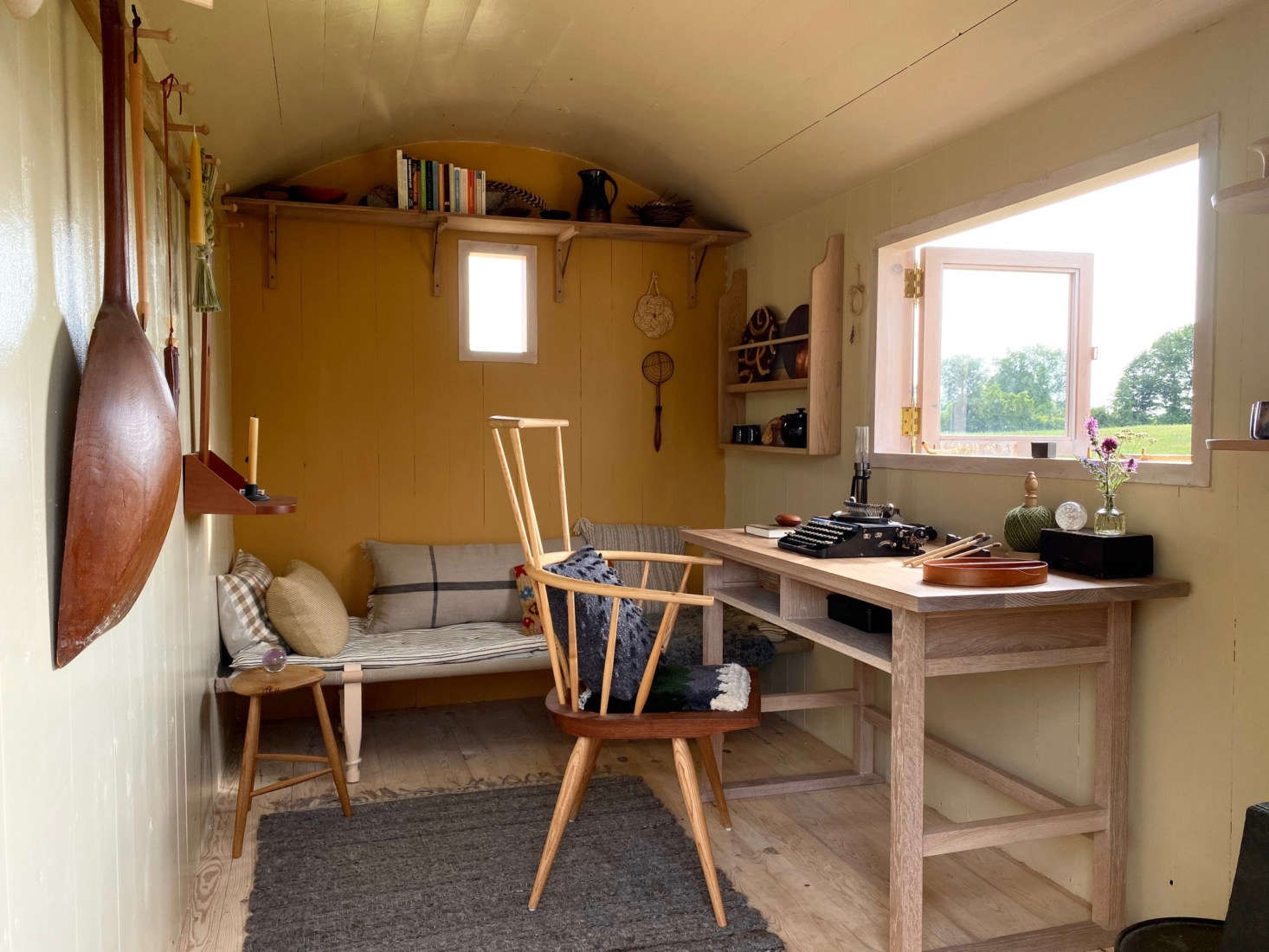 John detailed the hut with Mjölk signature appointments, including a lye-bleached floor and an oak and brass Peg Rail made for Mjölk by Jake Whillans in Toronto. Noting that several woodworker friends had their work postponed during the quarantine, John stepped in with commissions: Whillans also made the dish rack and the oak desk is by Andrew Hunter.