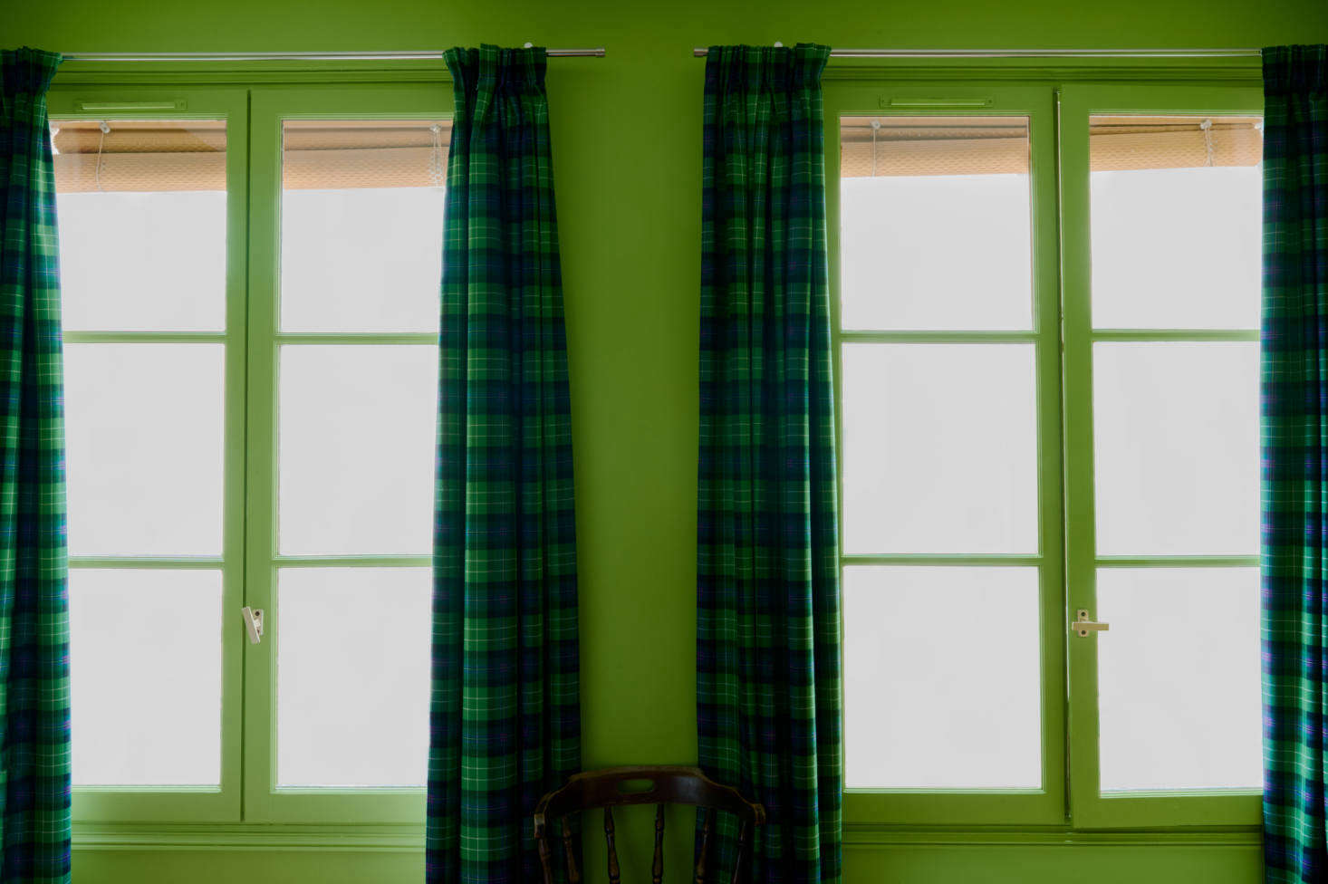 The Pinch-Pleat Tartan Curtains were sourced readymade from the Scotland Shop: this pattern, fittingly, is the All Ireland Blue tartan.