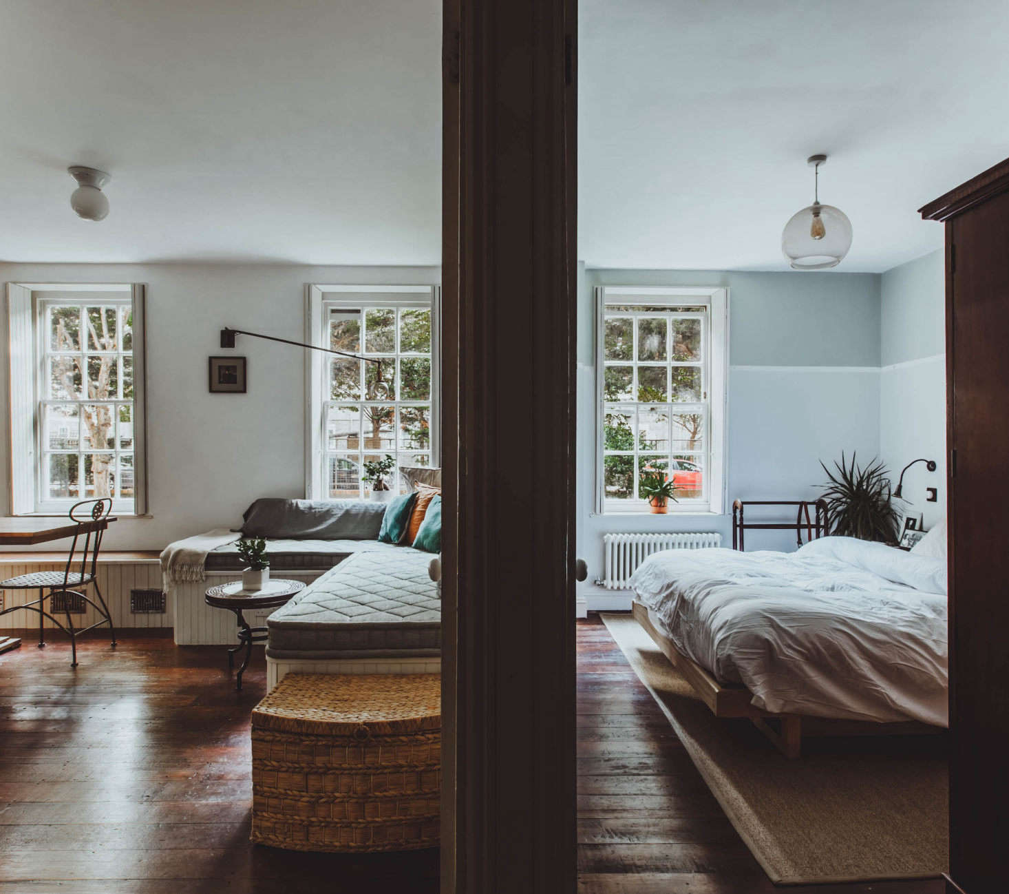 The couple left the dividing wall between bedroom and main room intact.