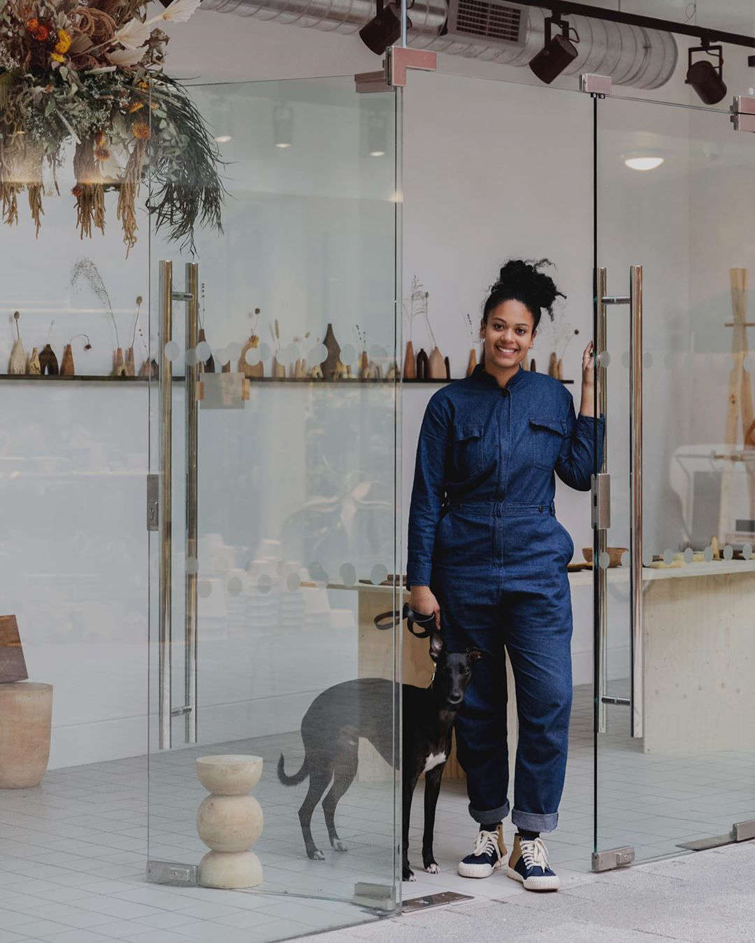 Sophie and her whippet, Stanley, at her recentl Islington pop-up. Photograph by Mariell Lind Hansen.