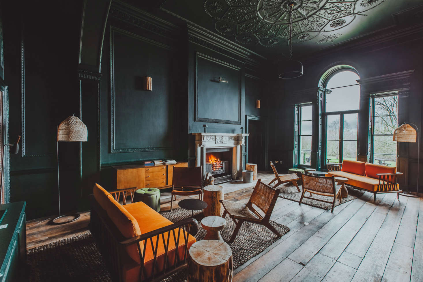 A sitting area with fireplace.