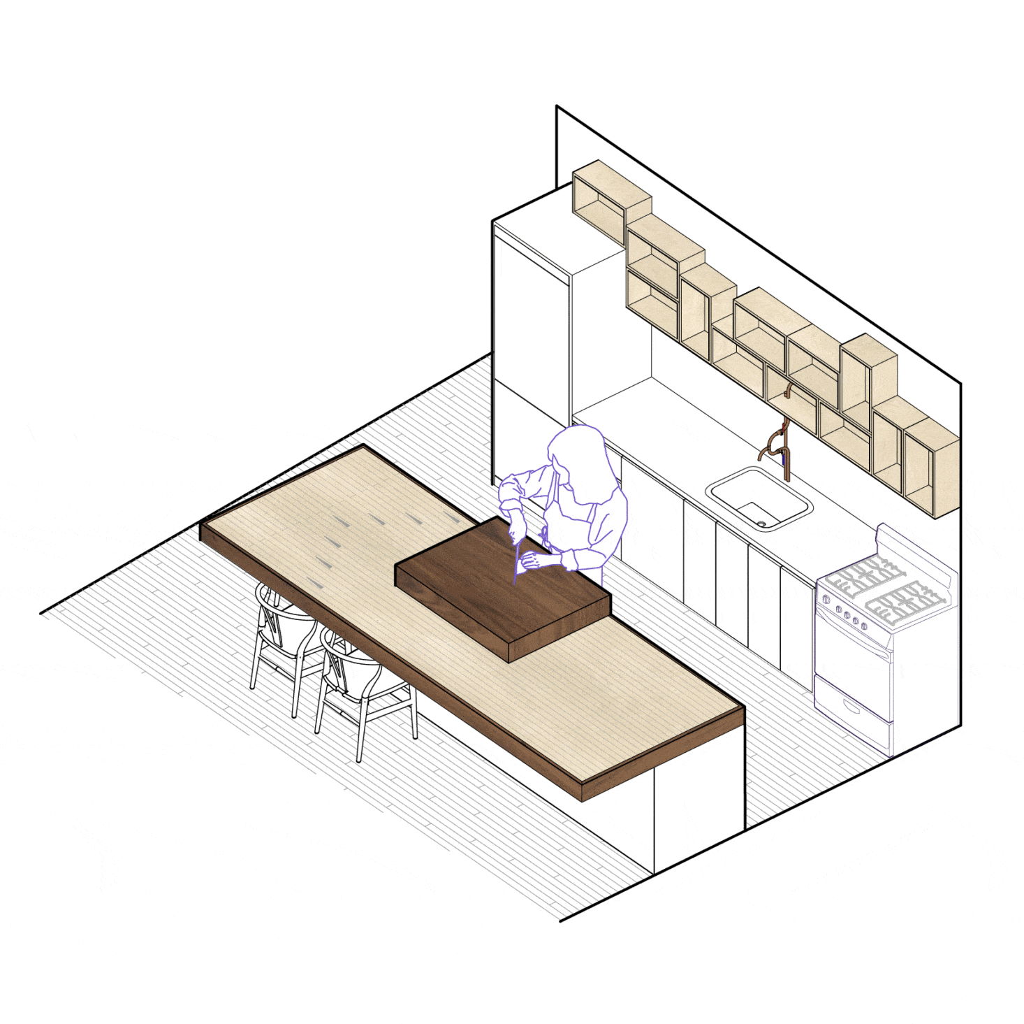 The island/table is six-inches lower than counter height. Two custom chopping blocks (with their own-under the-counter storage slot) make up the height difference and protect the bowling alley marquetry.