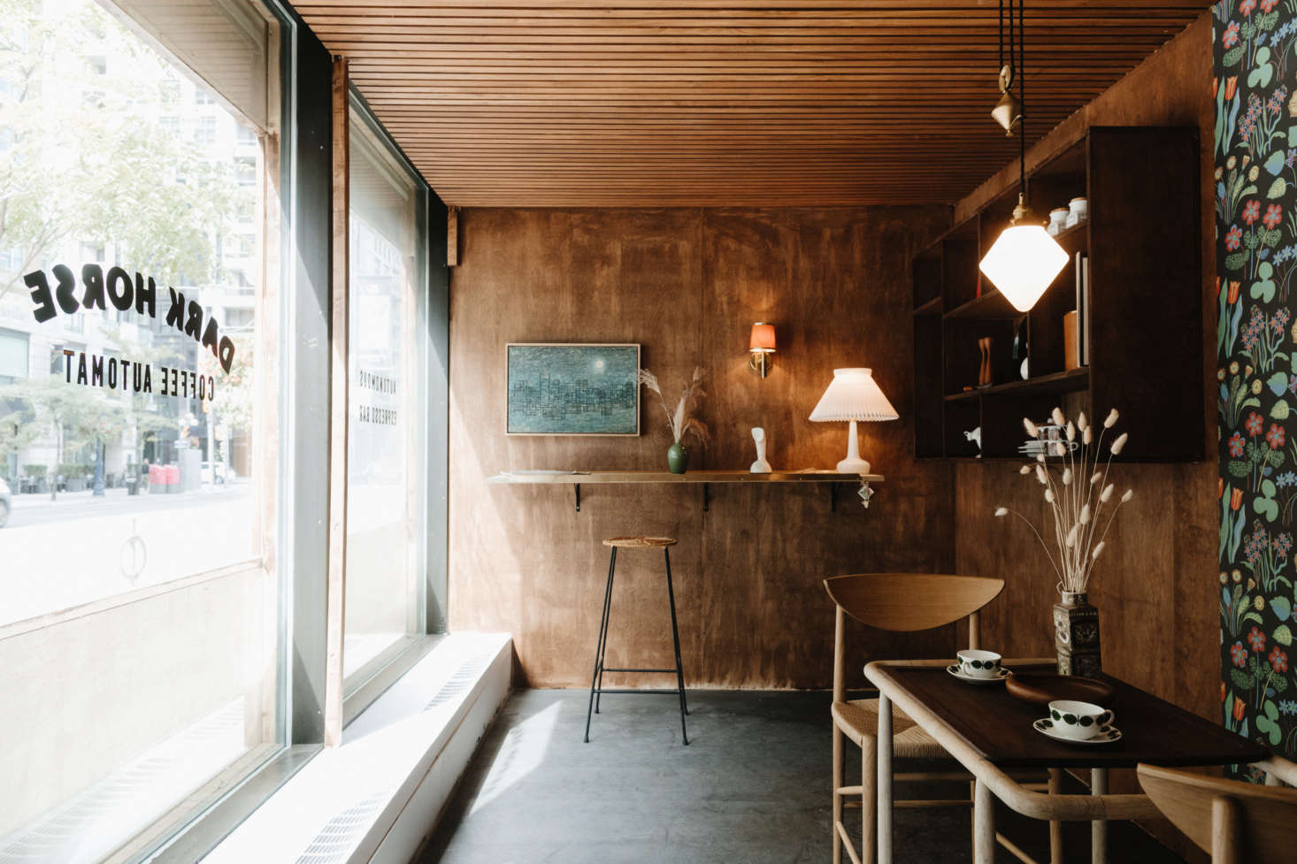 The interior space is clad in birch plywood stained in Special Walnut from Old Masters Wood Stain in Iowa.