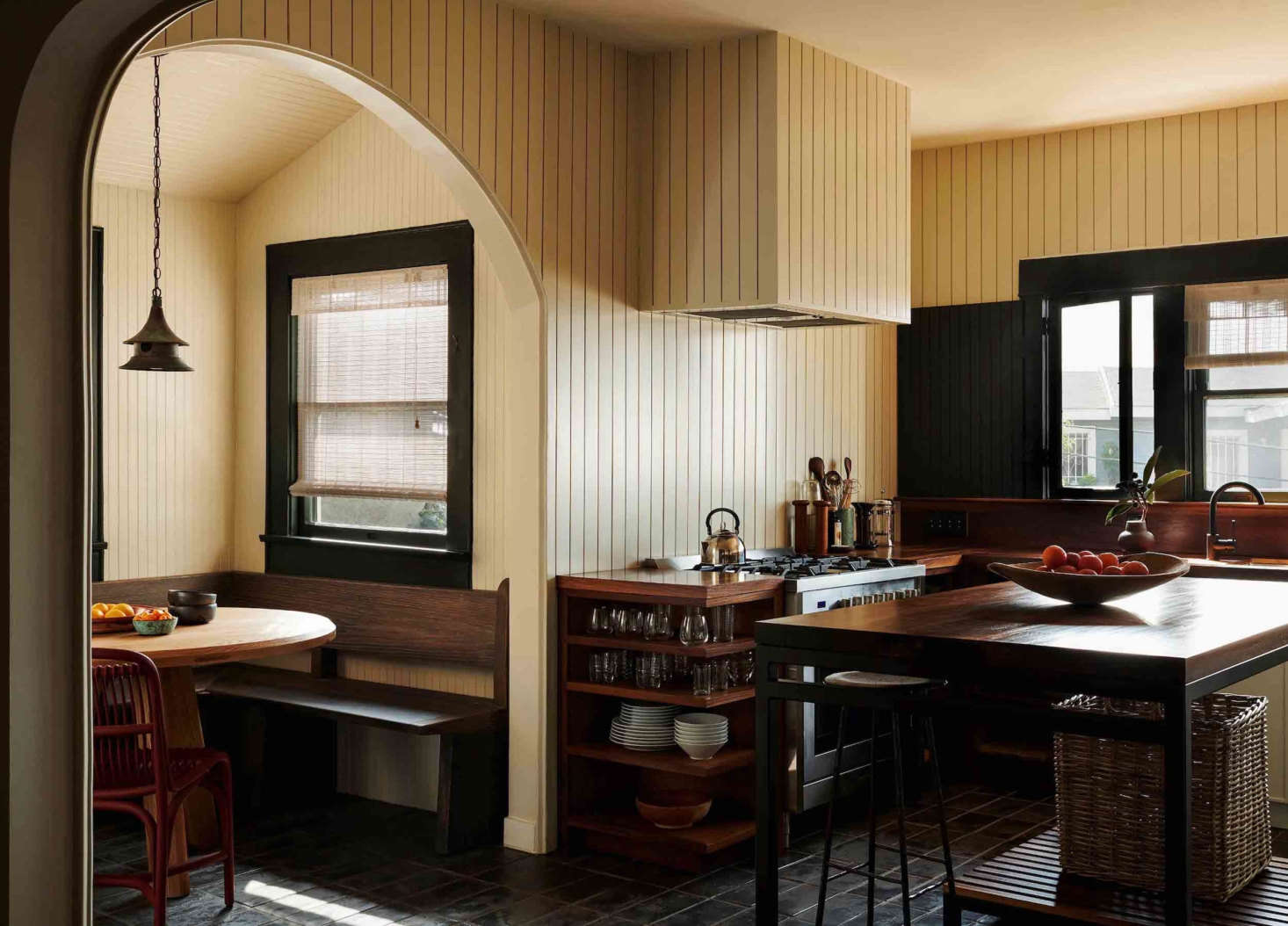 The Arts & Crafts-style house hews toward rustic minimalism. 