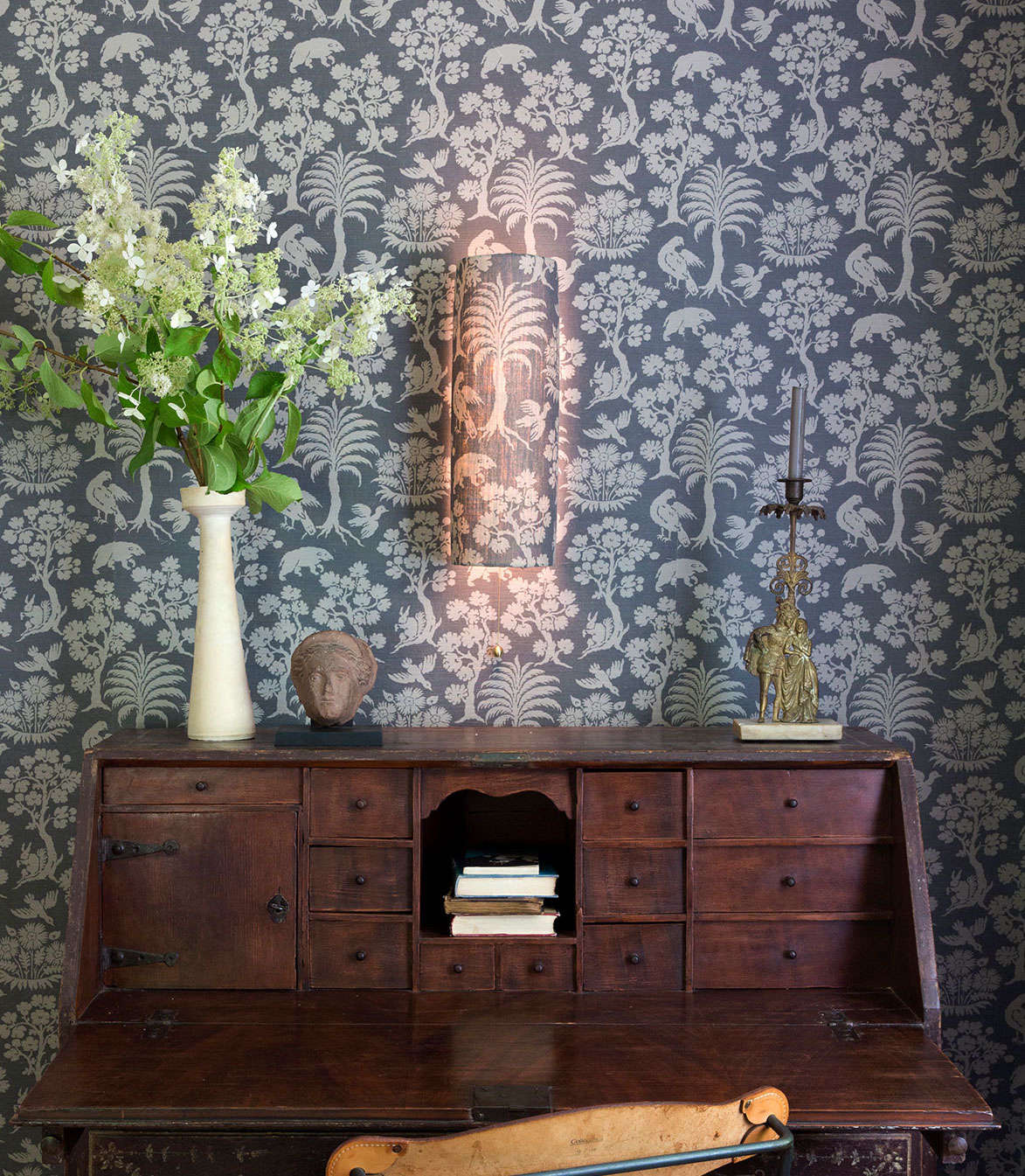 The Shaded Vault features a shade made from Schumacher’s Woodland Silhouette print; $data-src=