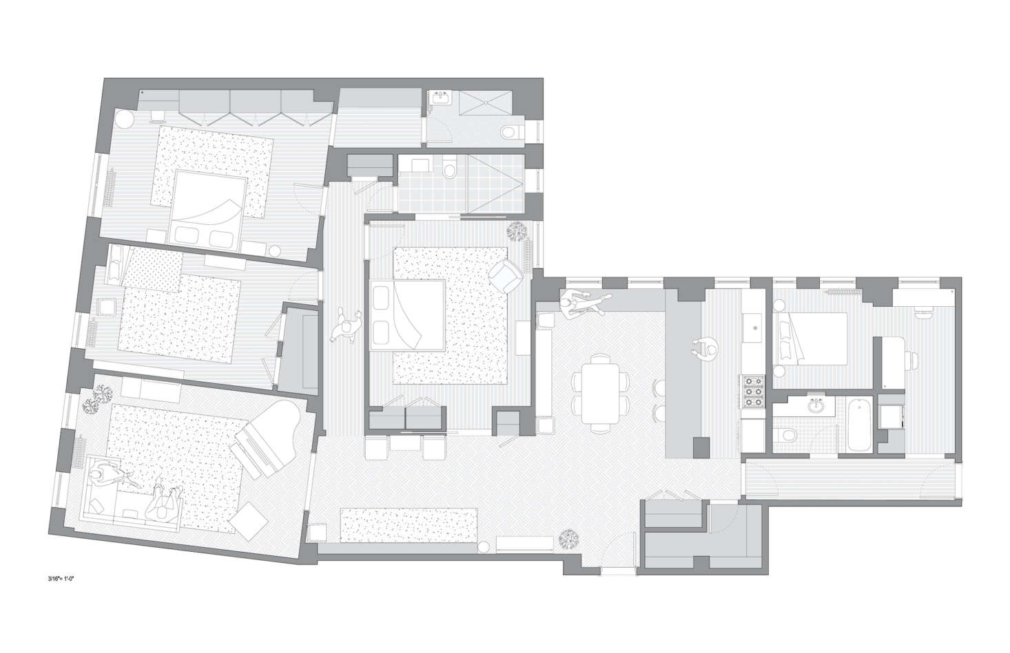 The new, more modern layout, now with a centrally located kitchen and guest quarters in lieu of staff rooms.