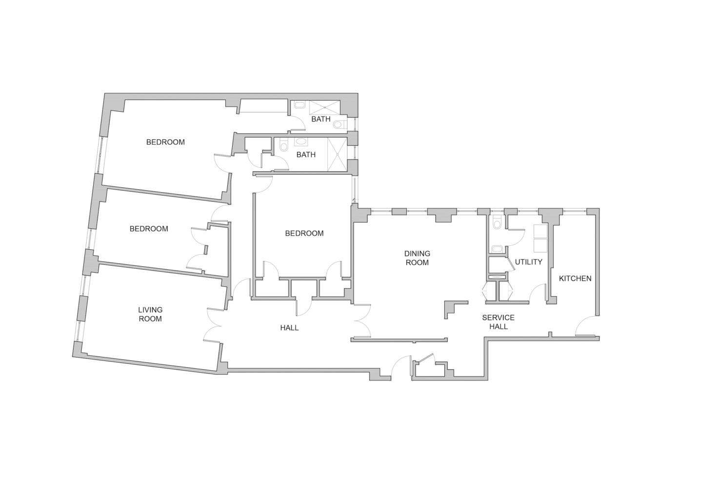 The old layout. Note the tiny galley kitchen all the way on the right side.