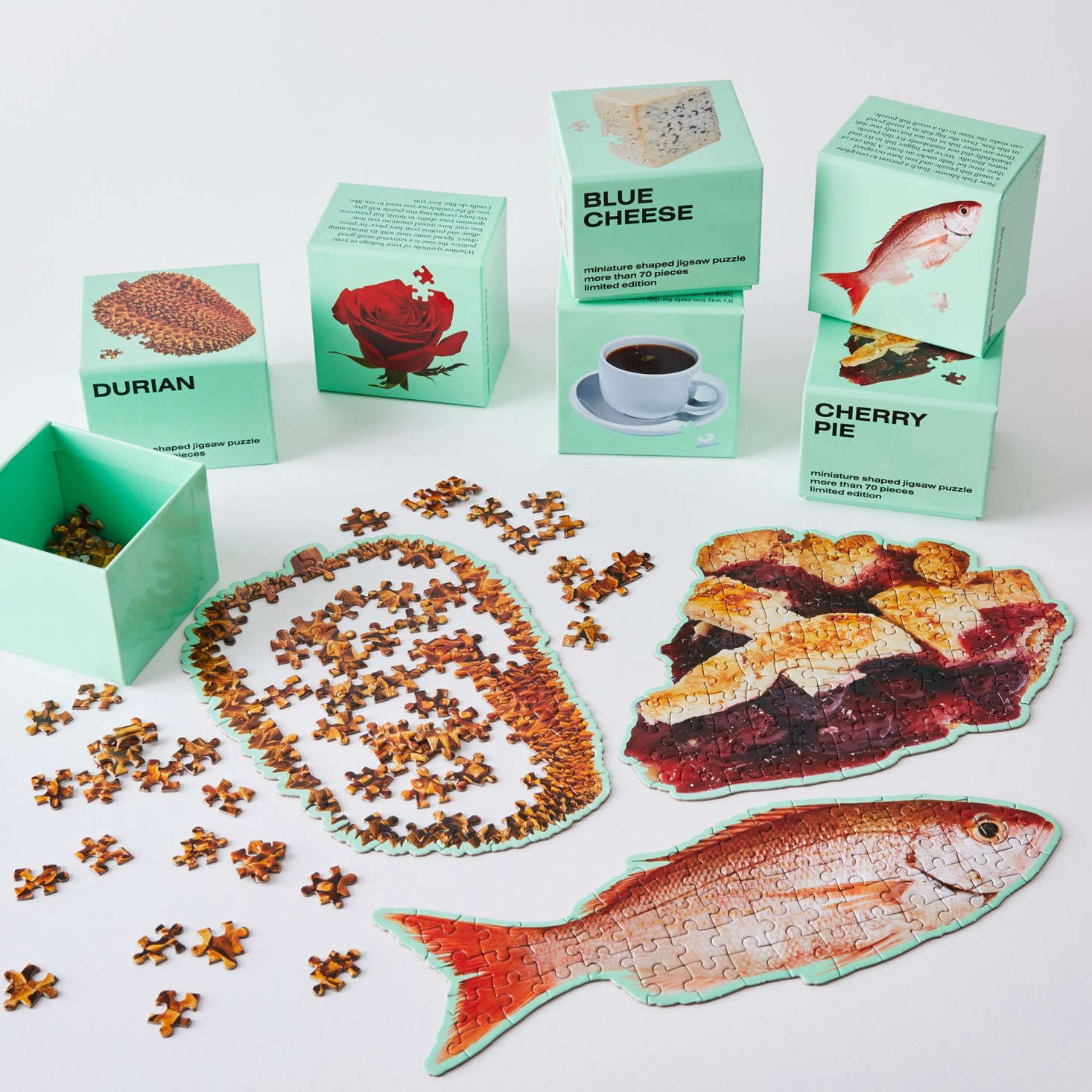From Areaware, adorable Little Food Puzzles, each of which takes minutes or less to finish. Cleverly themed sets of 3 (e.g, the Food Smells set includes coffee, cheese, and cherry pie) are $45 each; sets of 4 are $60 each; and a set of 7 is $5 at Food5