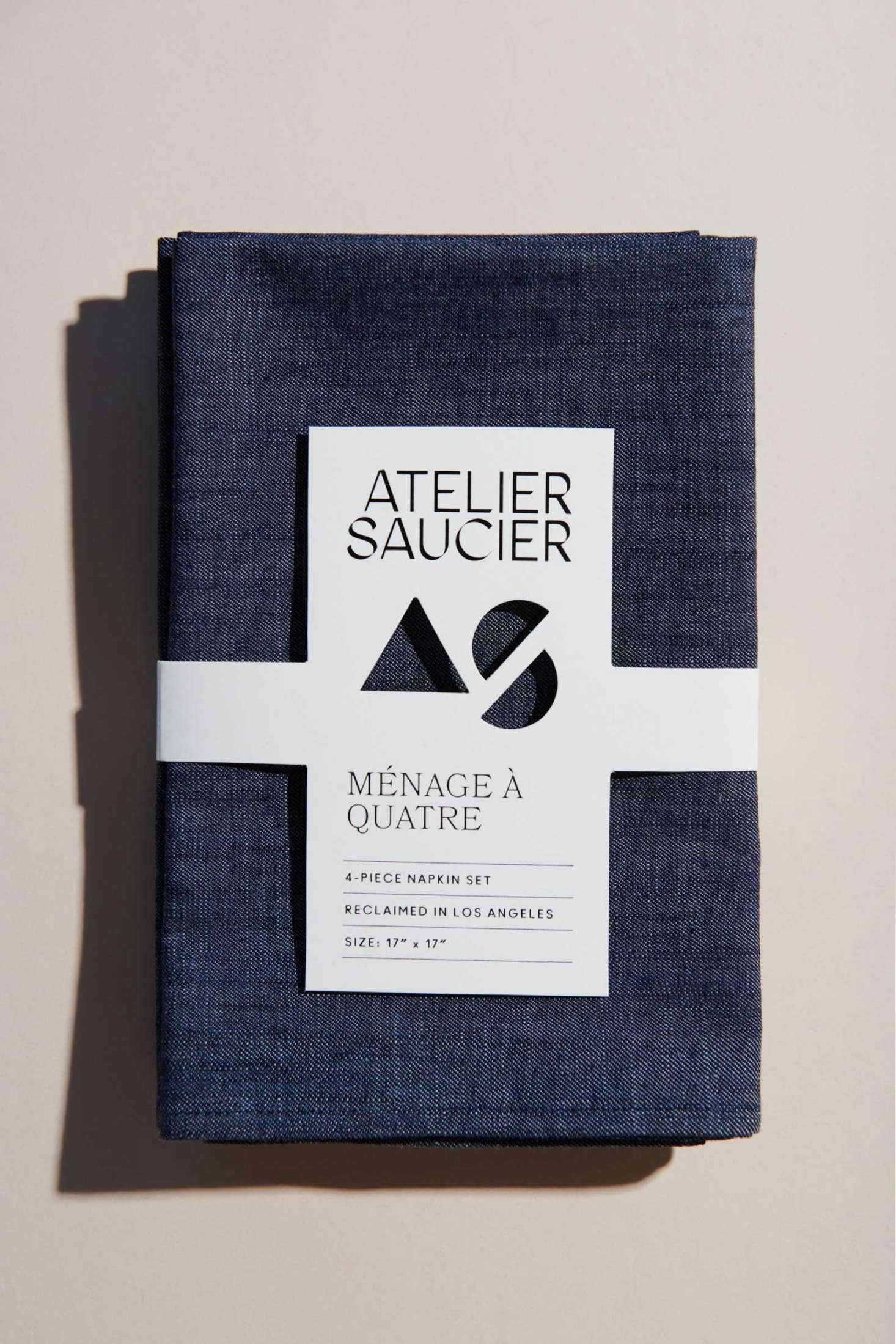 Atelier Saucier of Los Angeles turns surplus fabrics into napkins, placemats, and tea towels stitched in Downtown LA. Its Dark Denim Set, four for $66, is one of several that put reclaimed denim to good use.