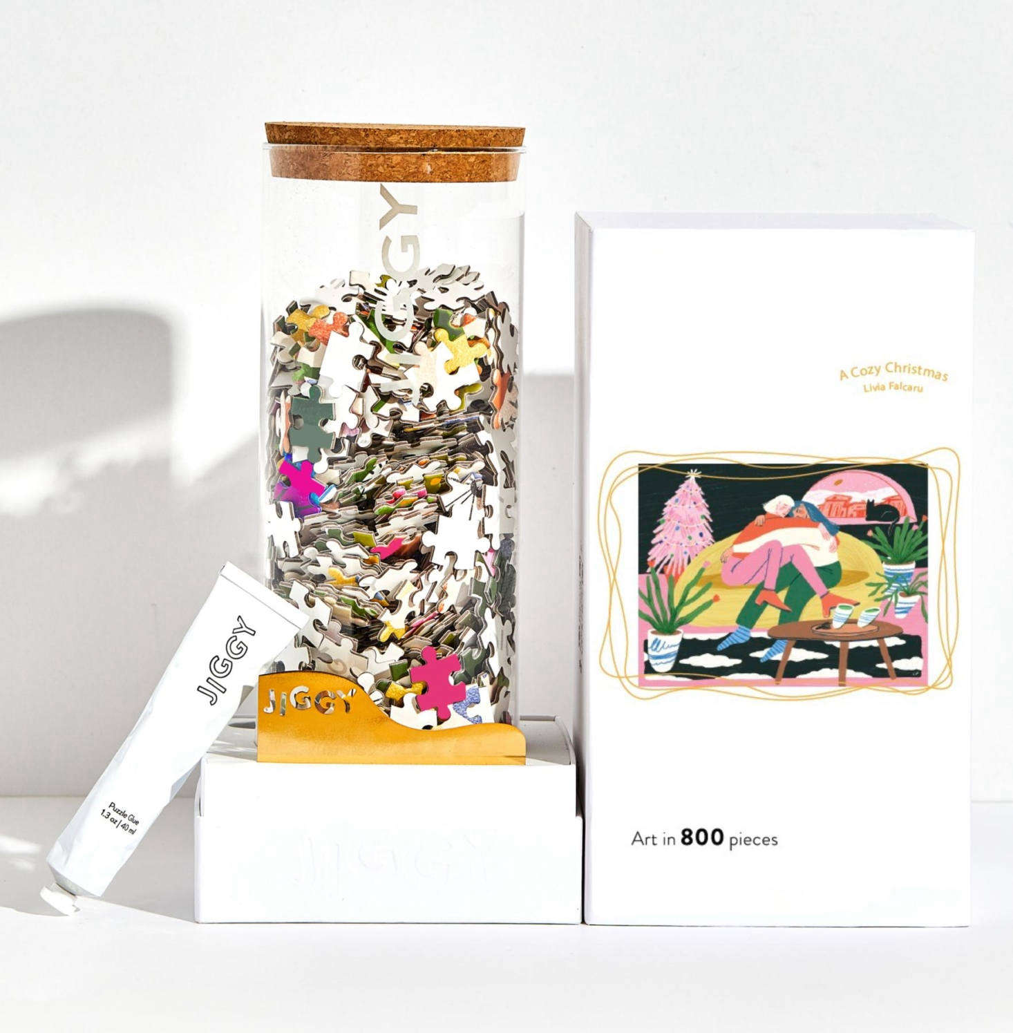 JIGGY was started a few years ago to make puzzles cool again. The company collaborates with female illustrators, including Romanian illustrator Livia Falcaru, who provided the art for A Cozy Christmas puzzle. Each puzzle comes in a reusable glass jar and includes puzzle glue, a straight-edge tool to spread the glue, and a print of the art; $49.