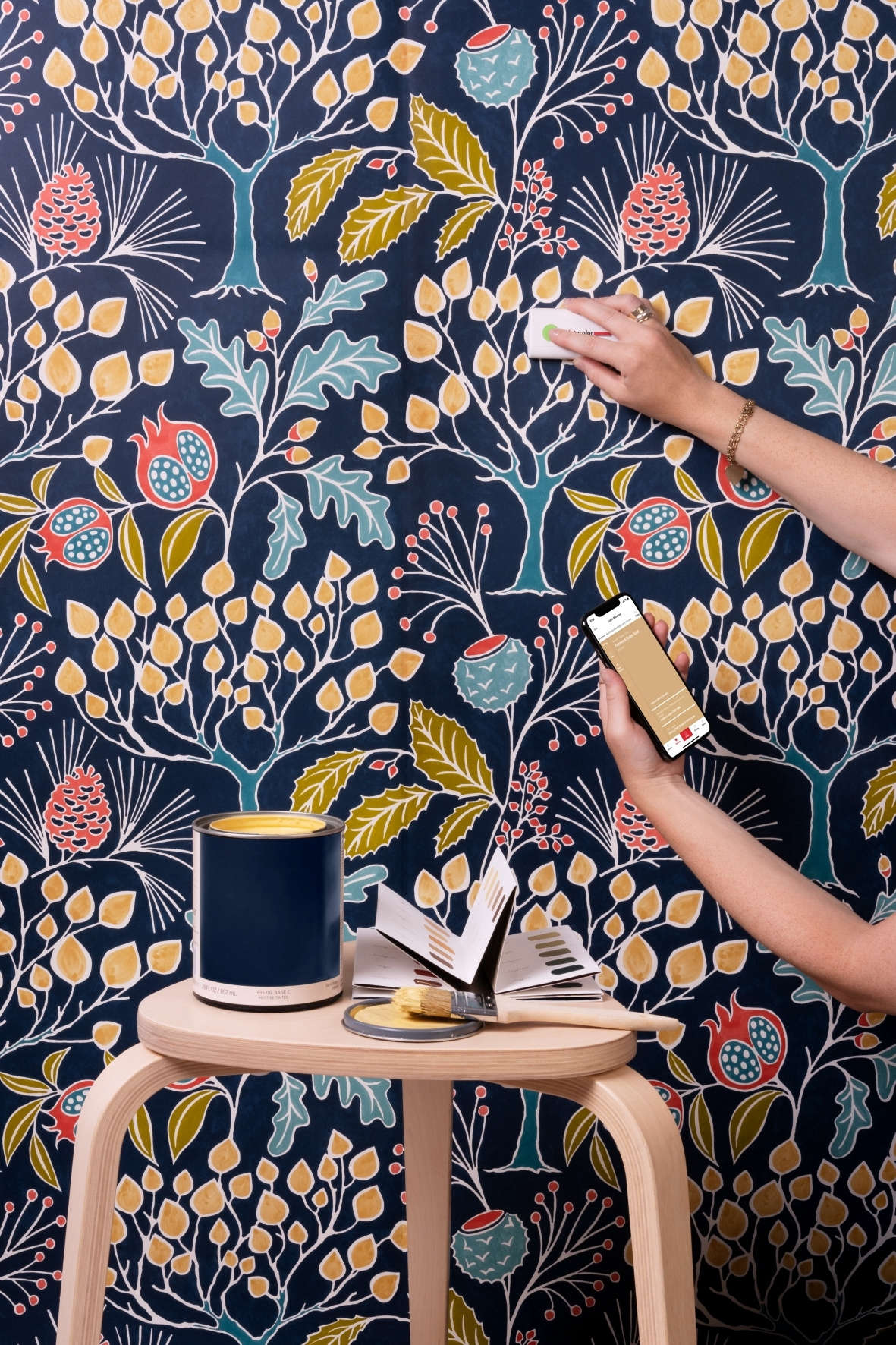 Above: Palette inspiration can be found anywhere—like the stripe on a tea towel, for example, or the leaves in a botanical wallpaper, as shown here.