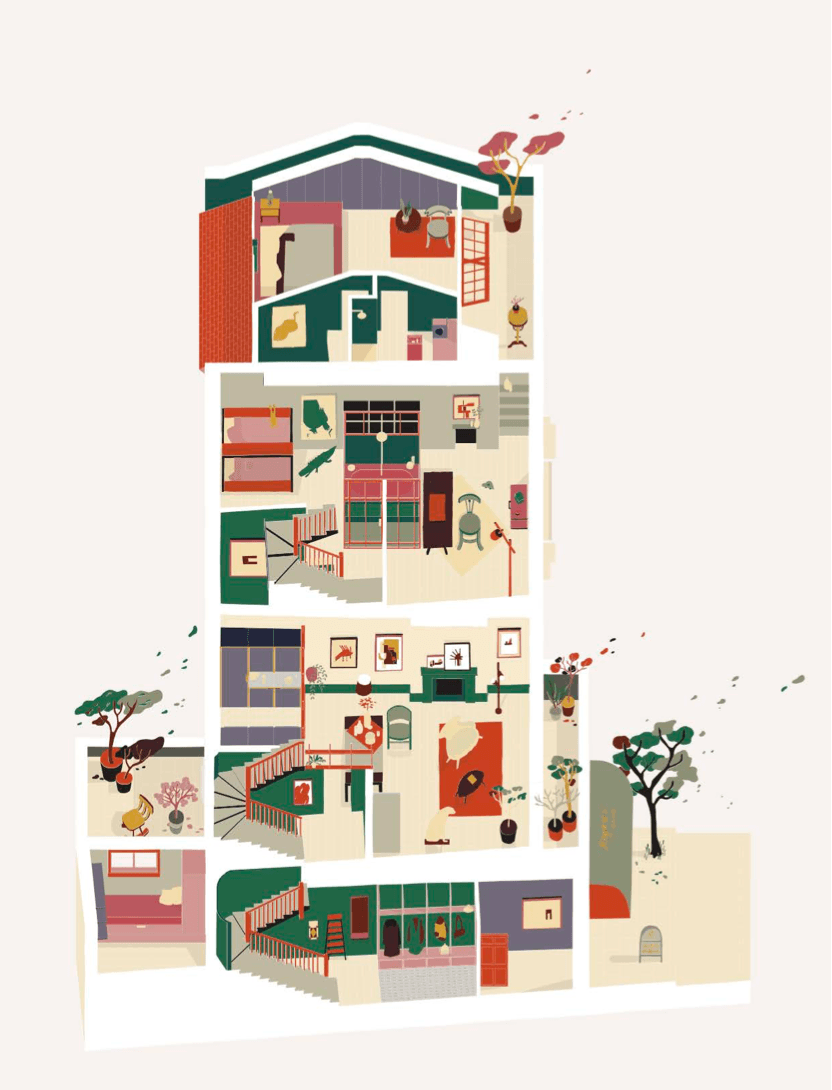 A sectional plan illuminates the flow of spaces and the repeating color choices.