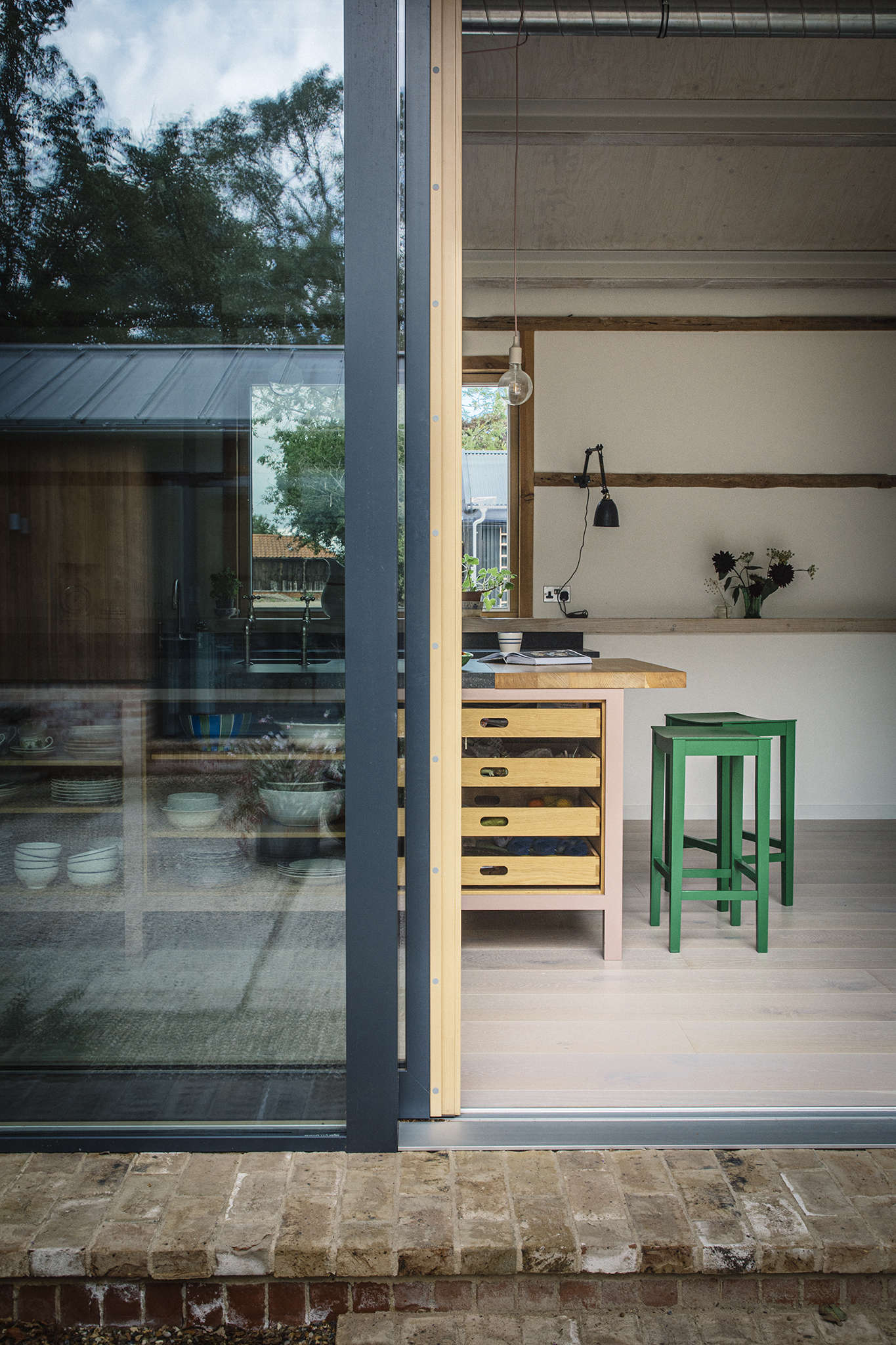 A good view of the oak produce drawers. The outside brick is original: 
