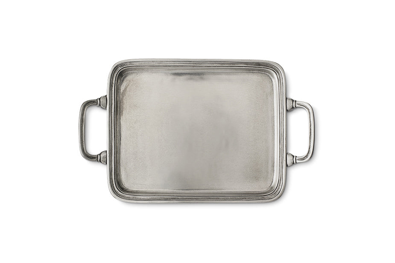 the match pewter rectangular tray with handles in size large is \$7\10 at nicke 18