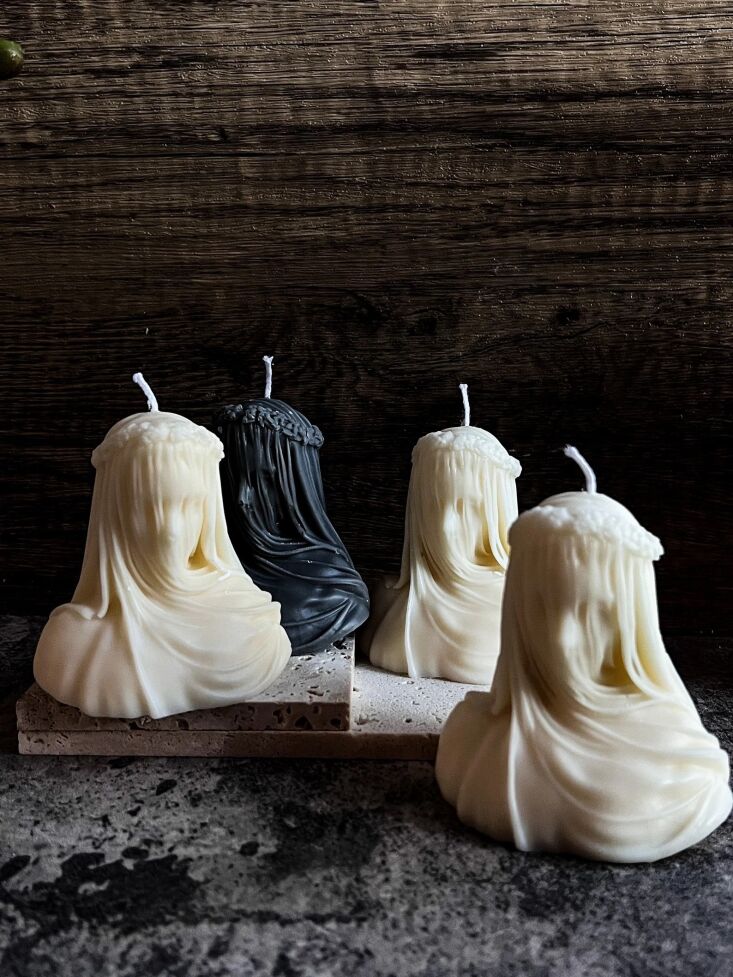 a good choice for the halloween mantel: the small veiled lady candle starts at  17