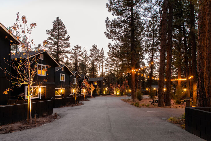 each cabin got a fresh coat of regent green by benjamin moore, a moody hue that 14