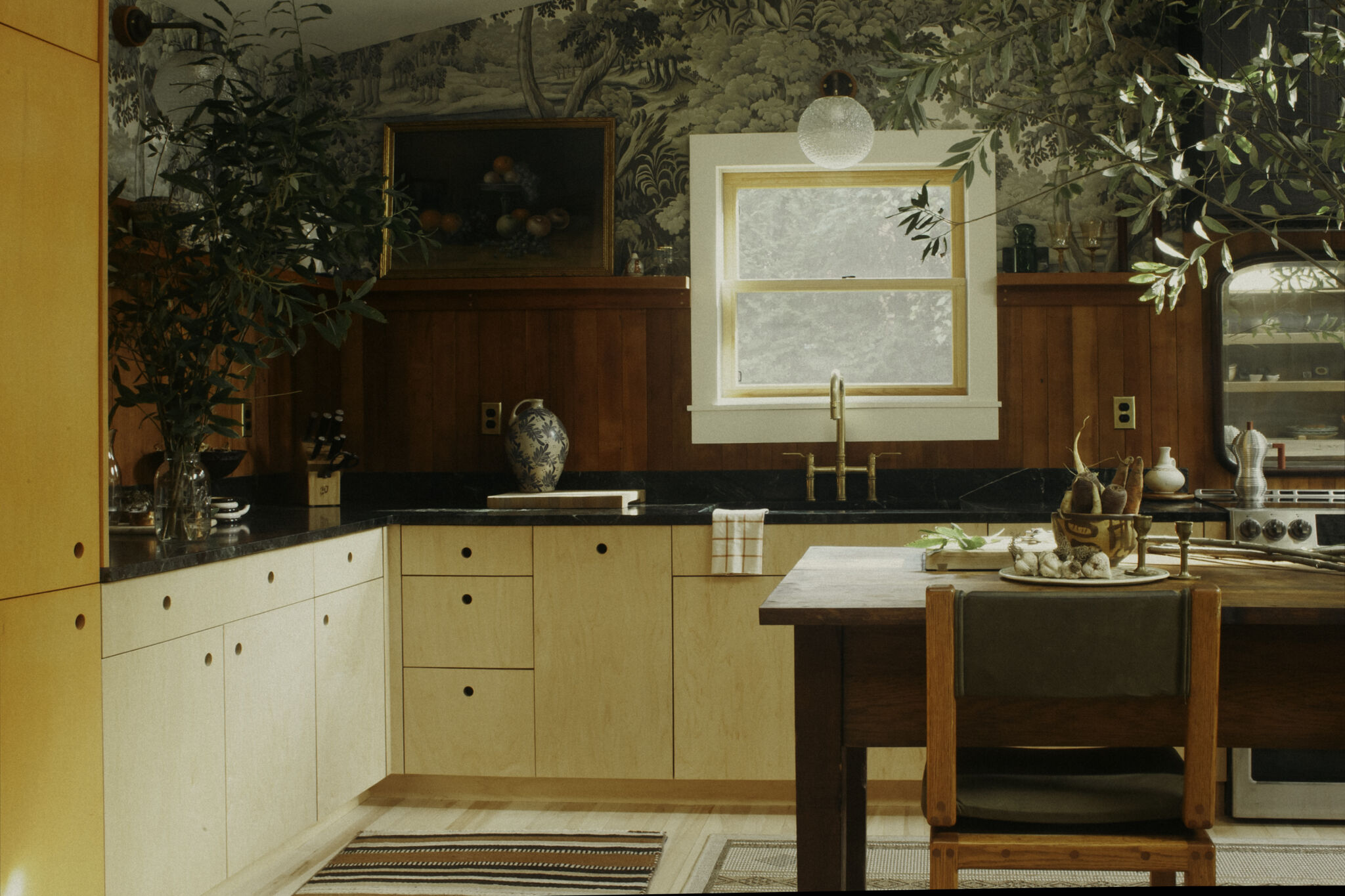 Romantic Home Kitchen with Wallpaper and Wood Paneling