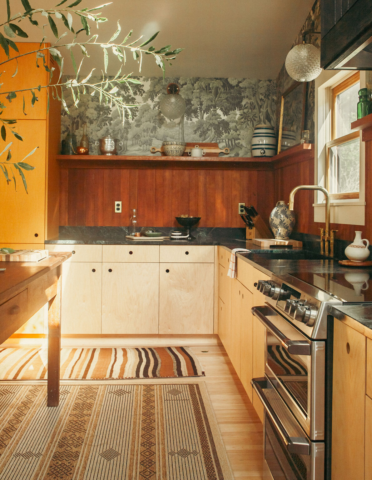 Romantic Home Kitchen with Wallpaper and Wood Paneling