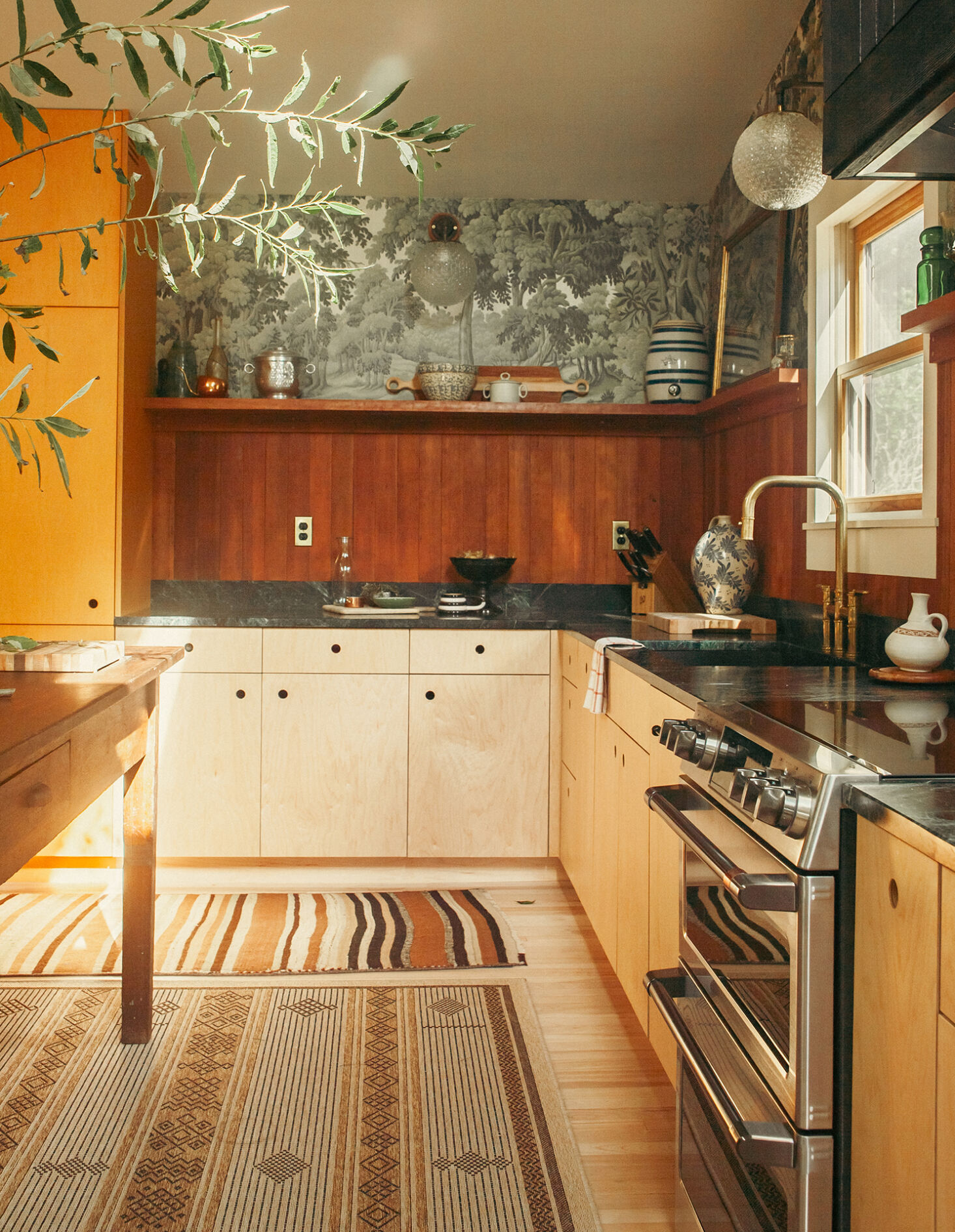 Romantic Home Kitchen with Wallpaper and Wood Paneling