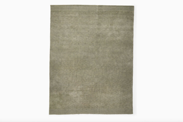 the west elm ojai handwoven wool rug in vetiver green is \$899 for the 8 by \10 19