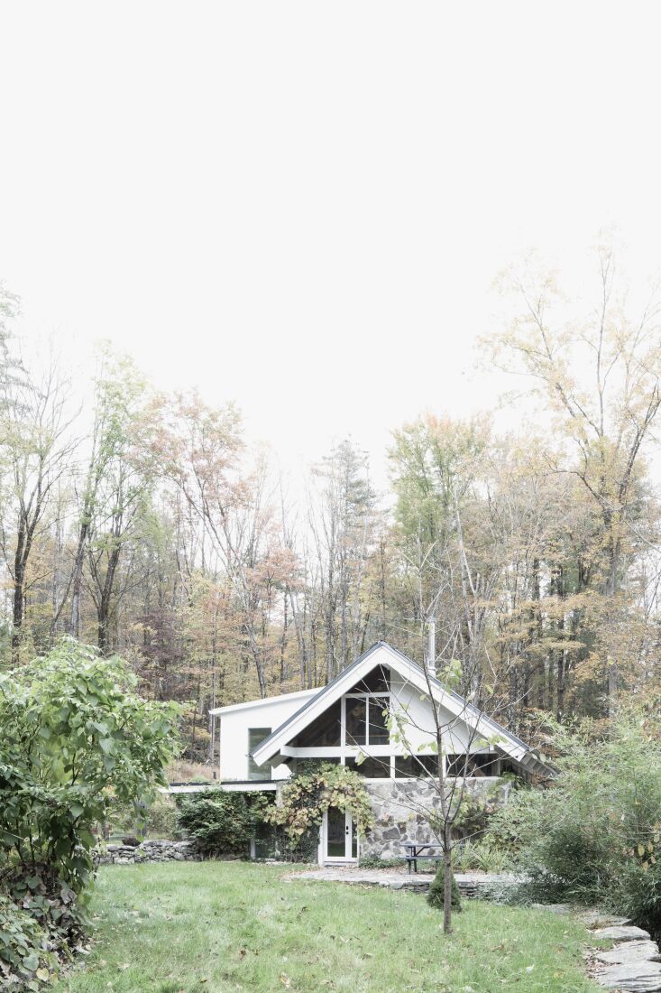 the partly stone modernist house is nestled into a woodland at the foot of the 17