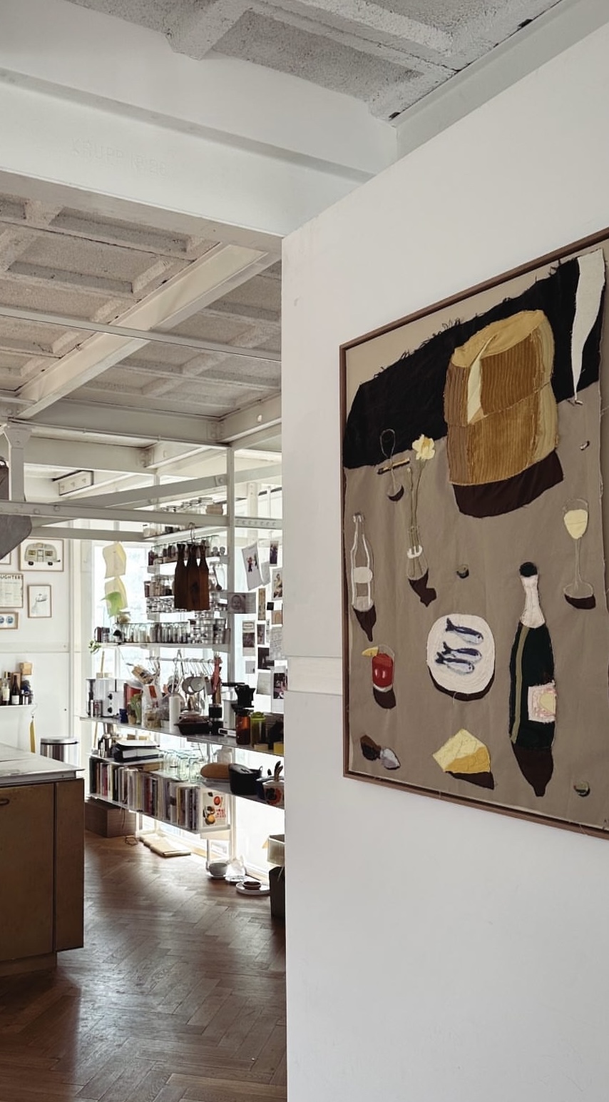 an andrew pierce scott tapestry hangs in the amsterdam kitchen of designer esth 18