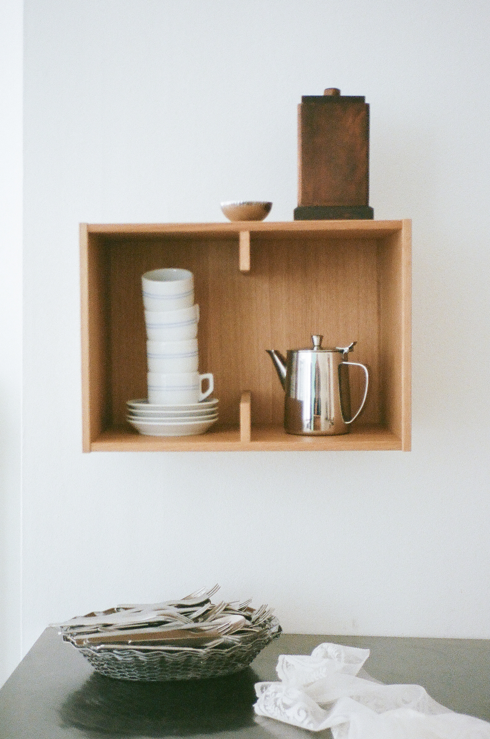 the sætter shelf \2, shown here in oiled oak, \$4\29.44, is sized for holding 20