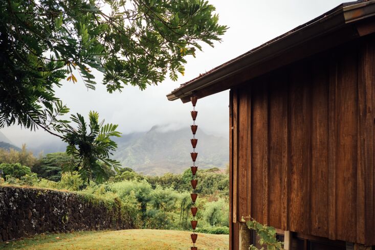 a view of the backyard with a rain chain sourced locally in kauai. 36