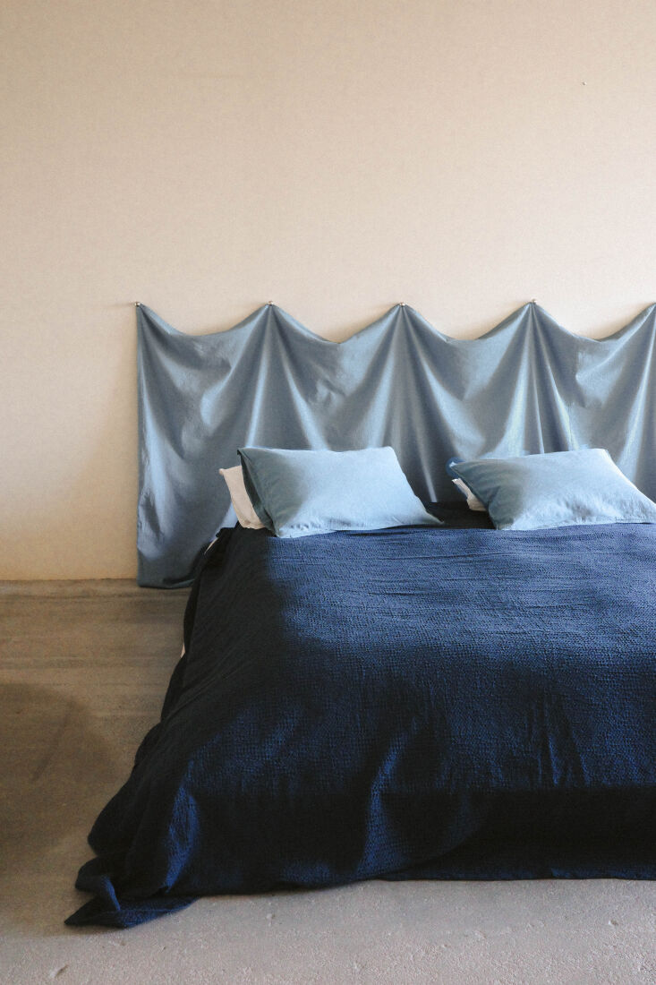 blue on blue. the emmanuella coverlet in marin pairs with hemp cotton pillowcas 18