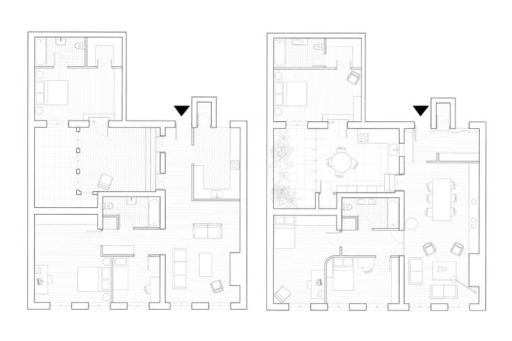 the architectural plans show the transformation of the central patio (left) int 22
