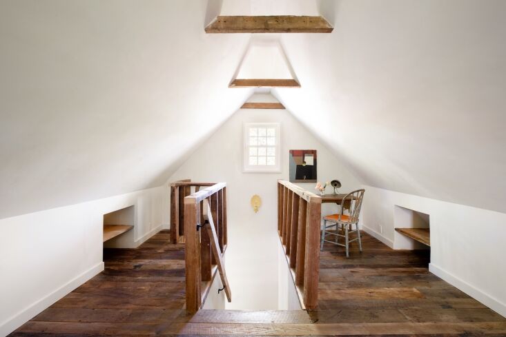 the whitewashed attic has a new old stair and floor. 36