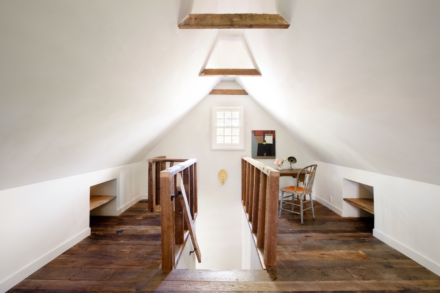 the whitewashed attic has a new old stair and floor. 36