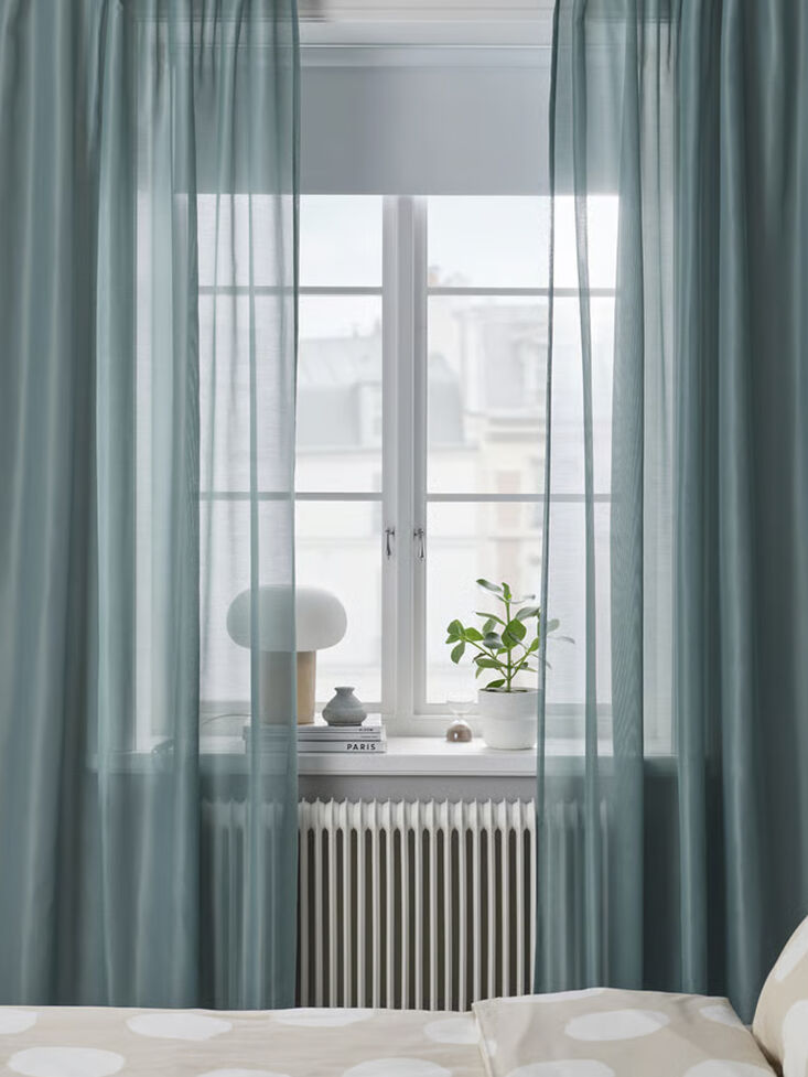 the ikea stenfrö sheer curtain in turquoise is \$\19.99 per panel. 21