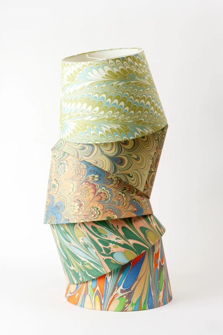 marbled paper lamp shades in all different hues are \$68 each from houses & 18
